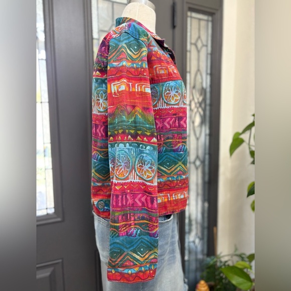 Chico’s Design Vintage Abstract Southwest Inspired Print 100%Cotton Denim Jacket - Picture 5 of 9